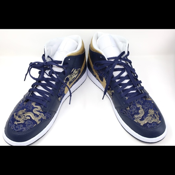 Custom Jordan 1 High Top Golden Dragon Navy and Gold size 12 Men - Picture 2 of 6